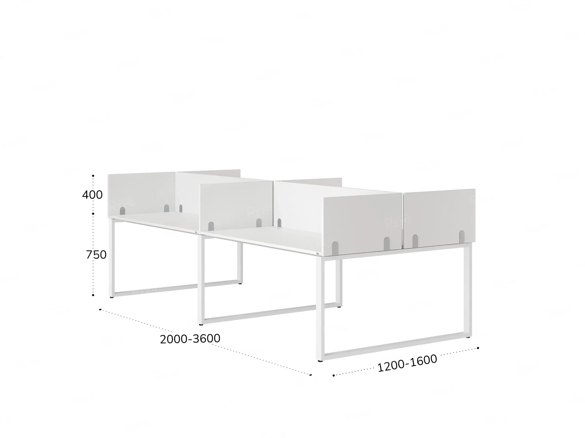 Бенч-система, 4 рабочих места, на О-образных опорах, 8 ЛДСП экранов 2800x1600x750 RM170-1-14x16 Белый/Белый