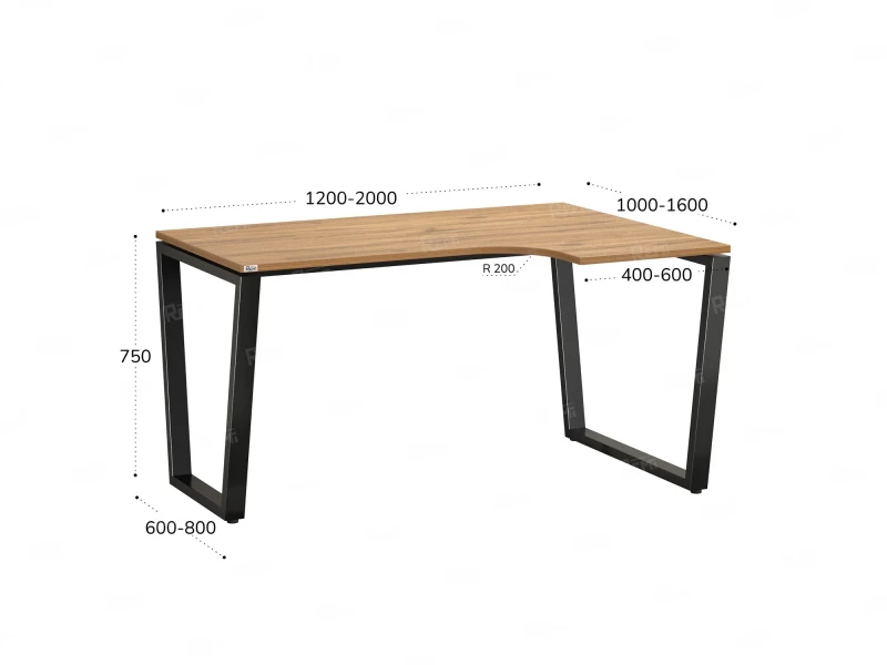 Стол угловой, U-опора, правый 1400x800/1000x750, RM050-14x8-10 Дуб Юстус/Черный