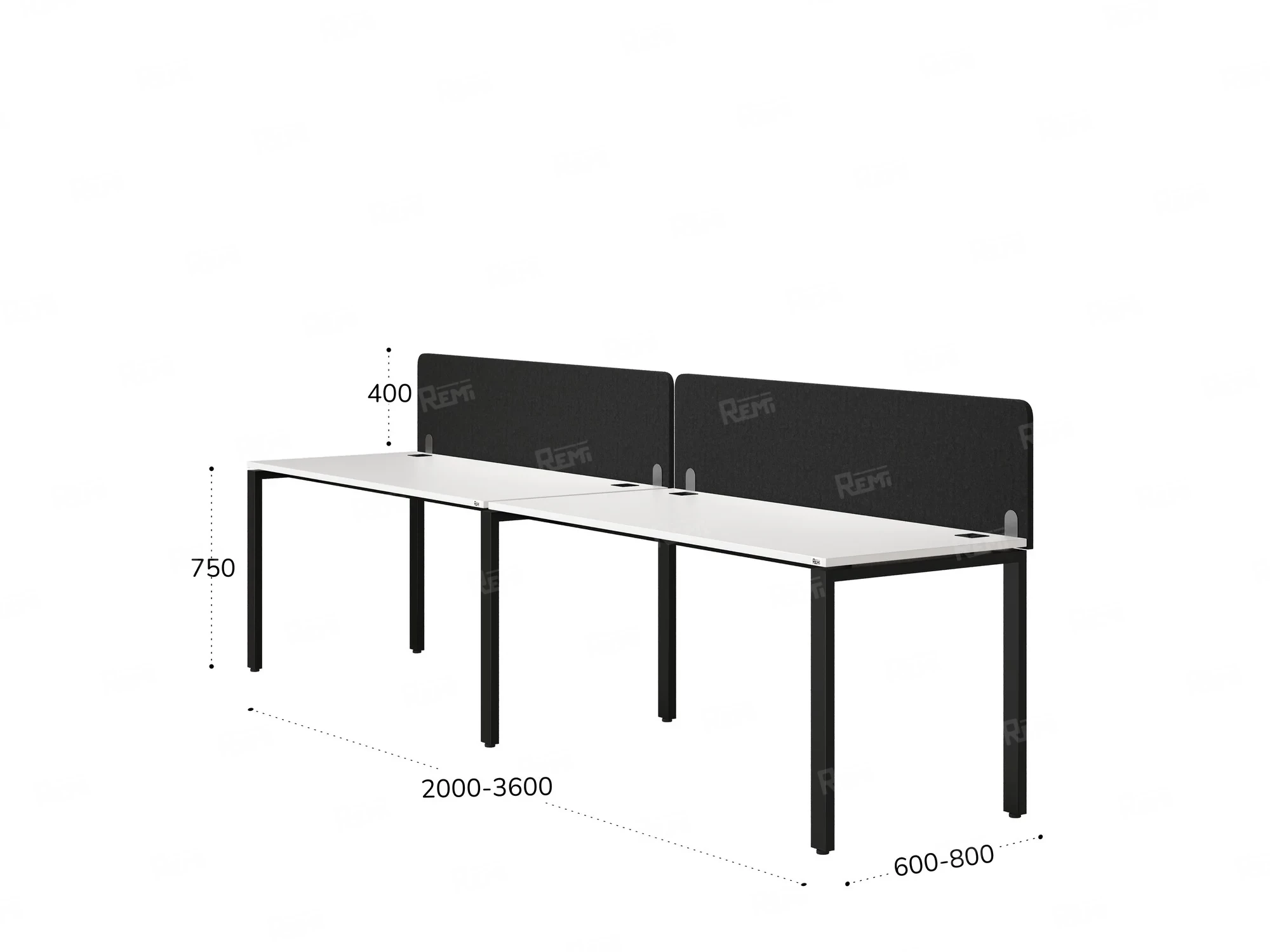 Бенч-система в 1 ряд, 2 рабочих места 2 тканевых экранов 2400x600x750 RM167-3-24x6 Белый/Черный