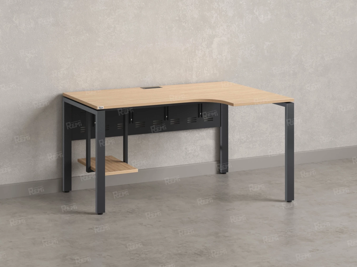 Стол угловой, экран металл, П-опора, правый 1400x600/900x750, RM058-14x6-9 Вяз Швейцарский светлый/Серый