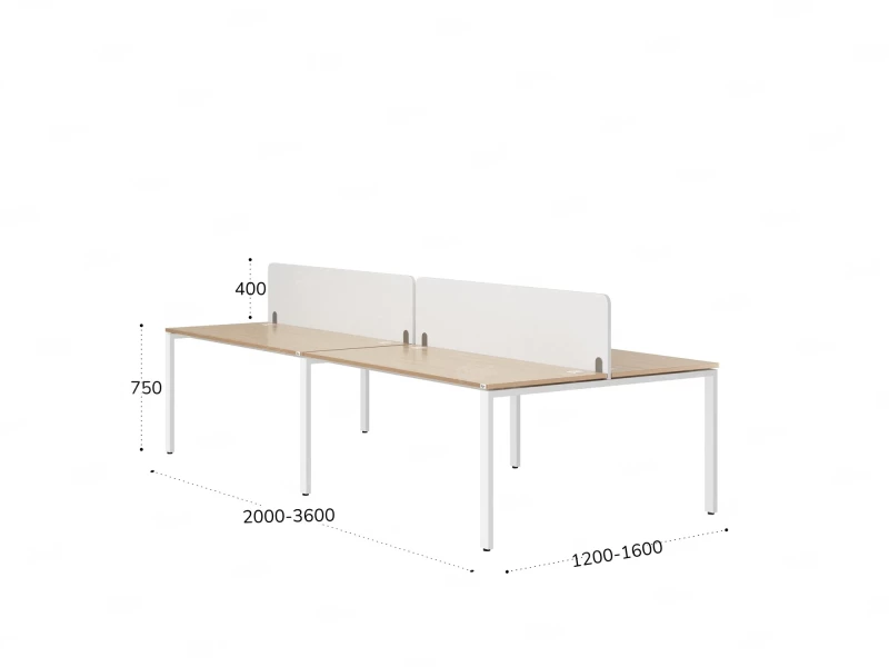 Бенч-система, 4 рабочих места, на П-образных опорах, 2 тканевых экранов 2400x1200x750 RM166-3-12x12 Вяз Швейцарский светлый/Белый