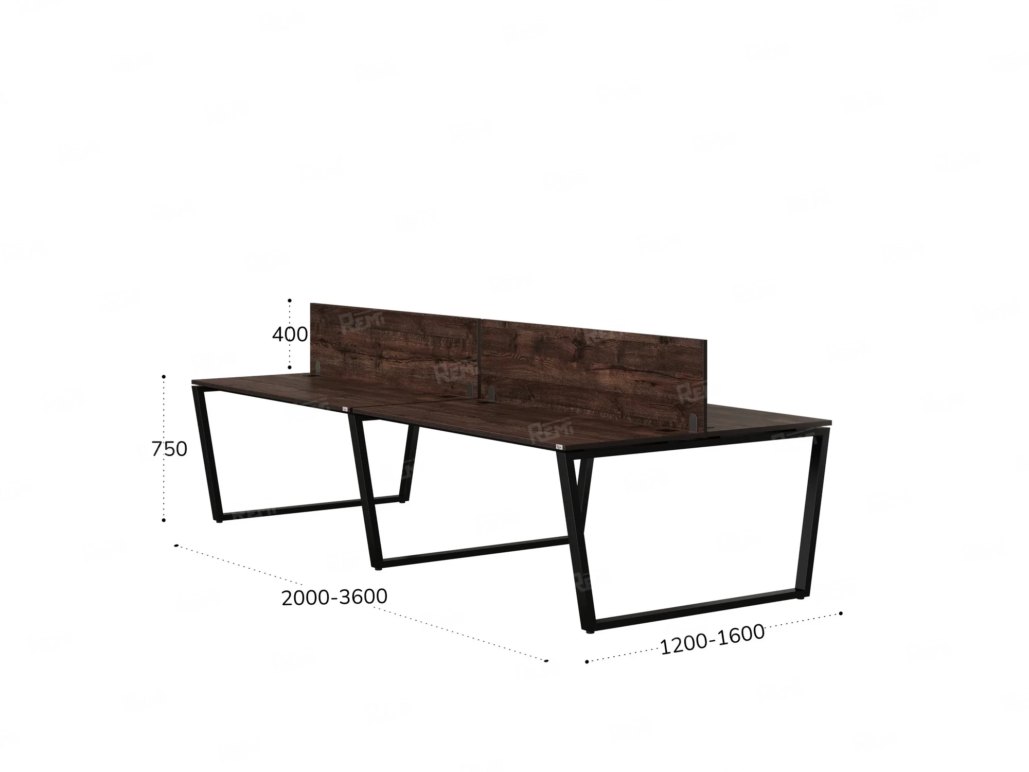 Бенч-система, 4 рабочих места, на U-образных опорах, 2 ЛДСП экранов 2000x1400x750 RM173-4-10x14 Дуб Апрельский шоколад/Черный