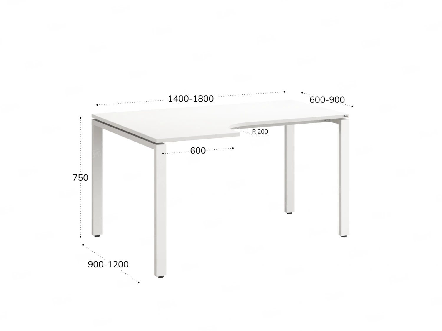 Стол угловой, П-опора, левый 1600x900/1200x750, RM053-16x9-12 Белый/Белый