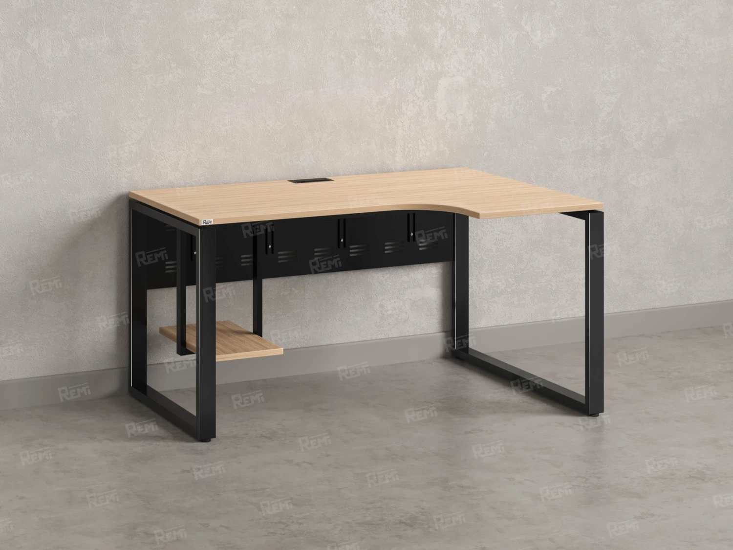 Стол угловой, экран металл, О-опора, правый 1600x600/900x750, RM057-16x6-9 Вяз Швейцарский светлый/Черный