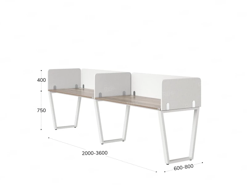 Бенч-система в 1 ряд, 2 рабочих места 5 тканевых экранов 2700x600x750 RM174-1-27x6 Дуб Маувелла/Белый