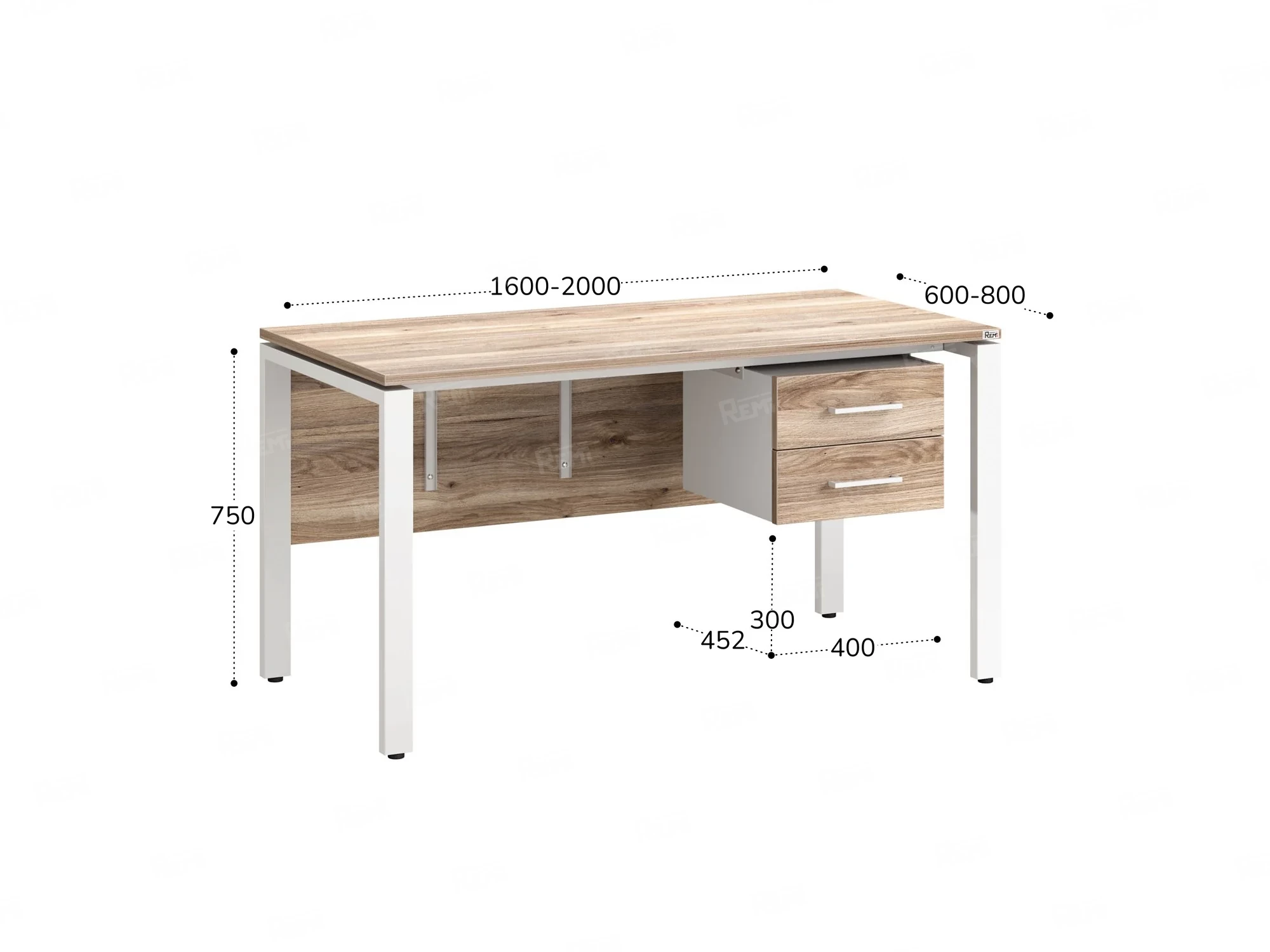 Стол прямой, подвесная тумба, ЛДСП экран, П-опора 1800x600x750 RM031-18x6 Дуб Маувелла/Белый