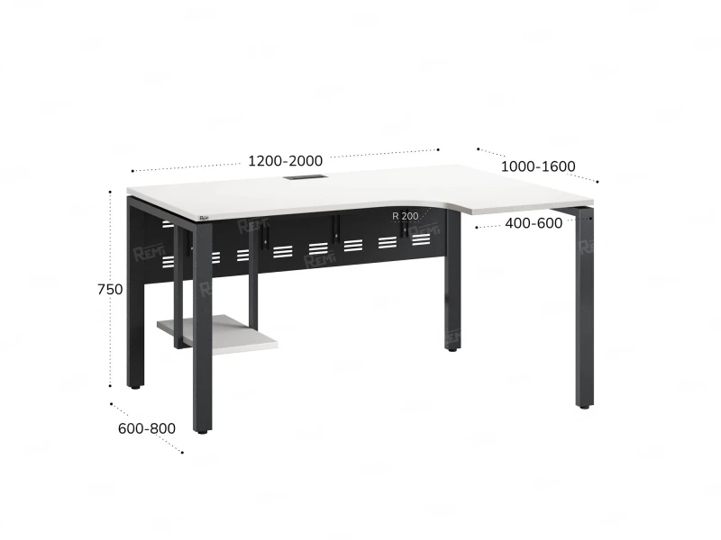 Стол угловой, экран металл, П-опора, правый 1600x900/1200x750, RM058-16x9-12 Белый/Серый