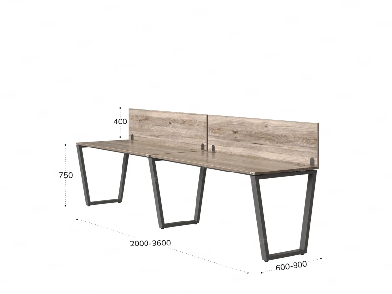 Бенч-система в 1 ряд, 2 рабочих места 2 ЛДСП экранов 2000x700x750 RM174-4-20x7 Дуб Маувелла/Серый
