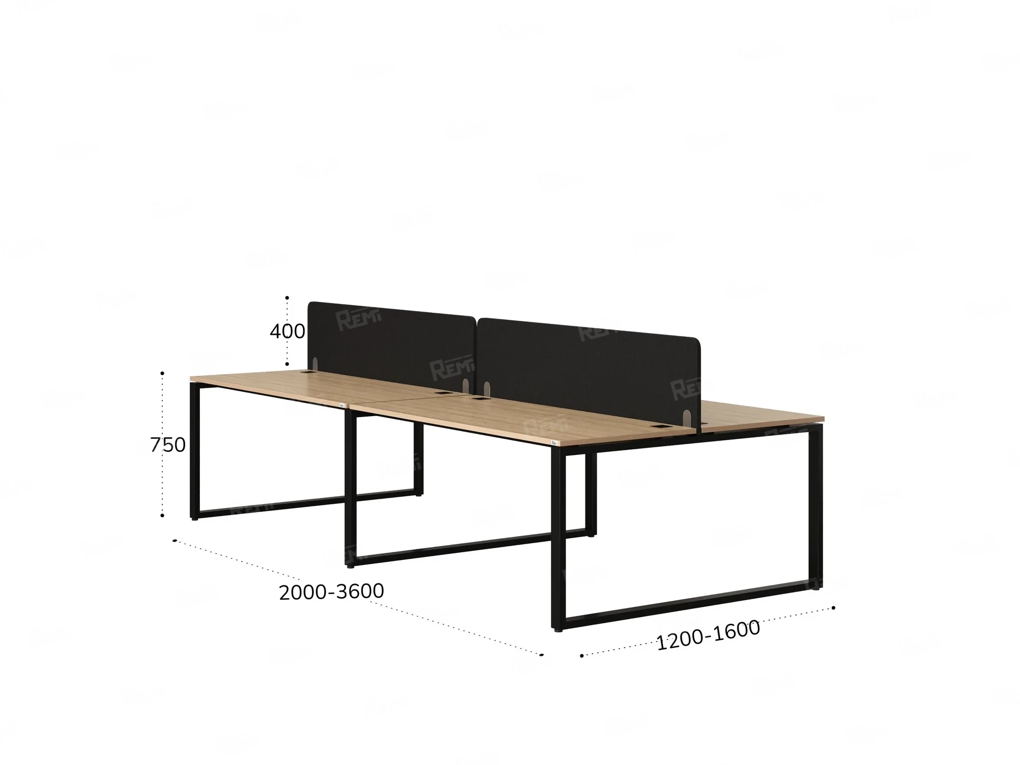 Бенч-система, 4 рабочих места, на О-образных опорах, 2 тканевых экранов 3600x1400x750 RM170-3-18x14 Вяз Швейцарский светлый/Черный