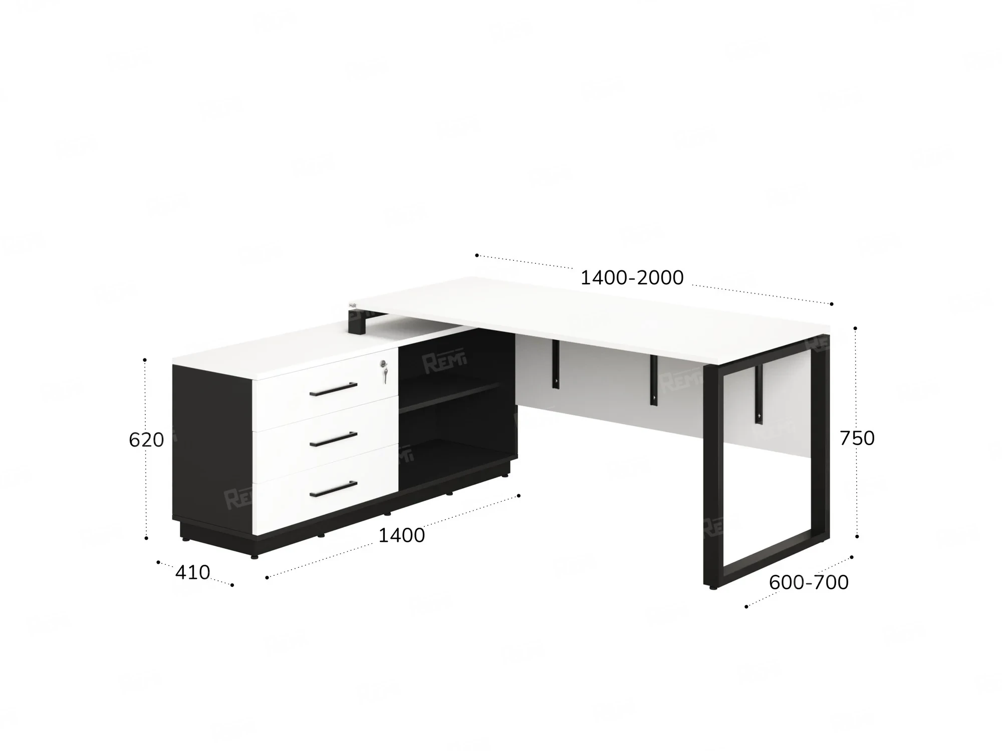 Стол прямой с тумбой L, ЛДСП экран, О-опора 2000x1400x750 RM013L-20x6 Белый/Черный