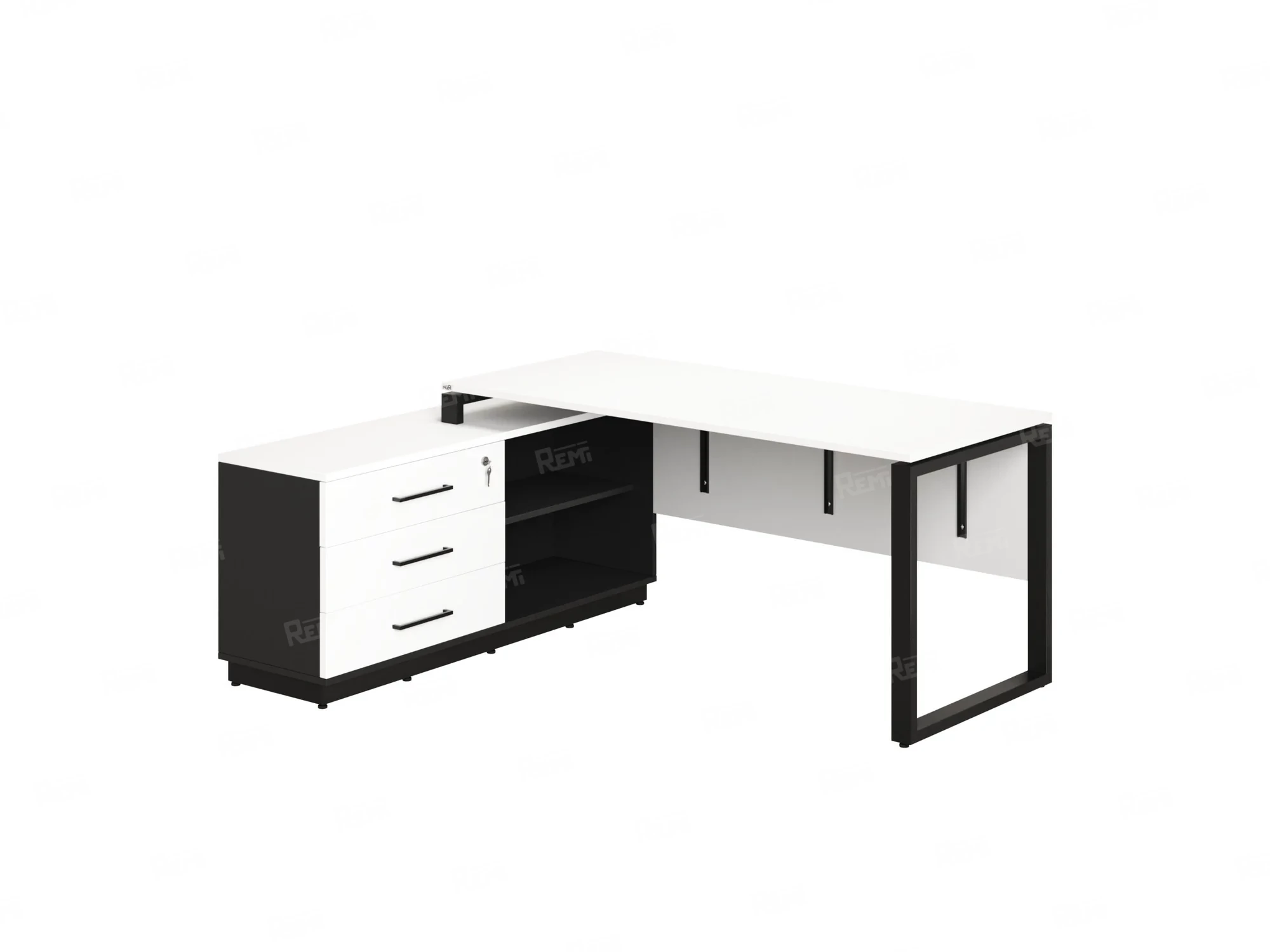 Стол прямой с тумбой L, ЛДСП экран, О-опора 2000x1400x750 RM013L-20x6 Белый/Черный