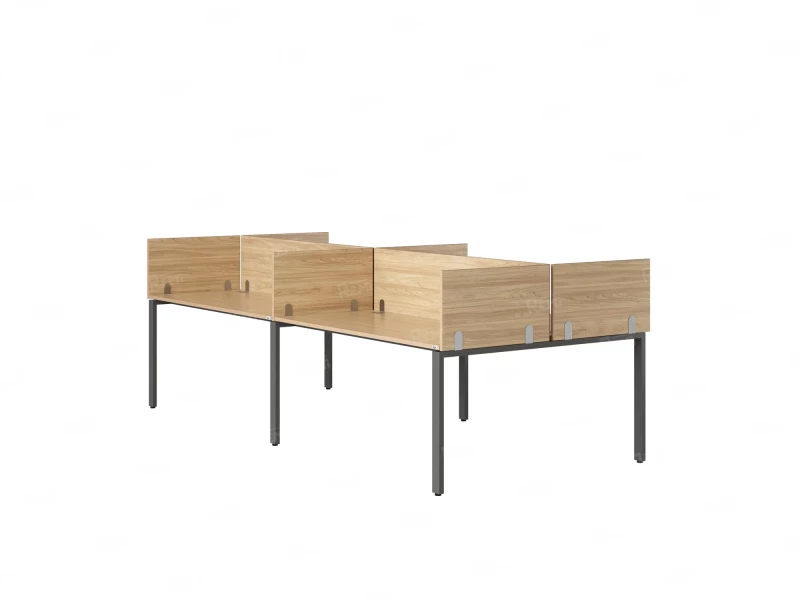 Бенч-система, 4 рабочих места, на П-образных опорах, 8 ЛДСП экранов 2400x1200x750 RM166-2-12x12 Вяз Швейцарский светлый/Серый