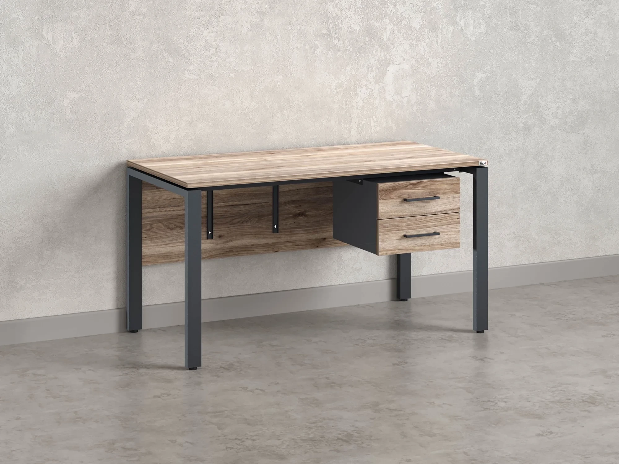 Стол прямой, подвесная тумба, ЛДСП экран, П-опора 1800x600x750 RM031-18x6 Дуб Маувелла/Серый