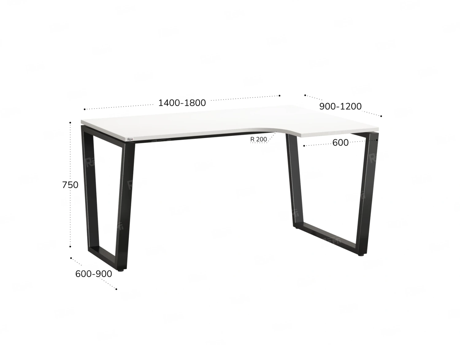 Стол угловой, U-опора, правый 1400x900/1200x750, RM050-14x9-12 Белый/Черный