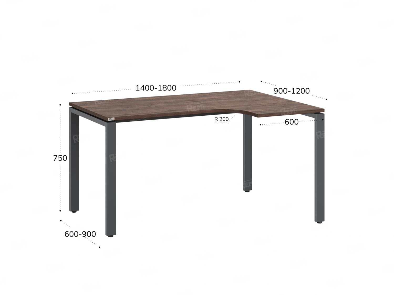Стол угловой, П-опора, правый 1800x600/900x750, RM052-18x6-9 Дуб Апрельский шоколад/Серый