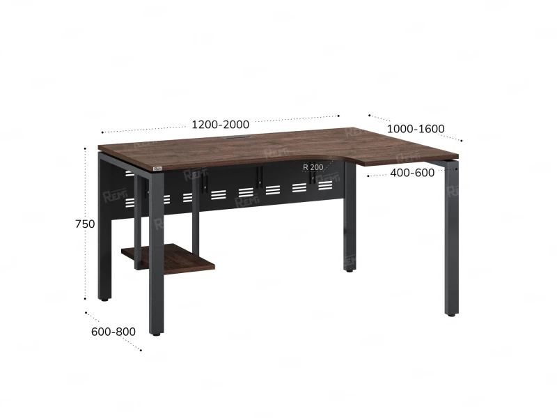 Стол угловой, экран металл, П-опора, правый 1400x600/900x750, RM058-14x6-9 Дуб Апрельский шоколад/Серый