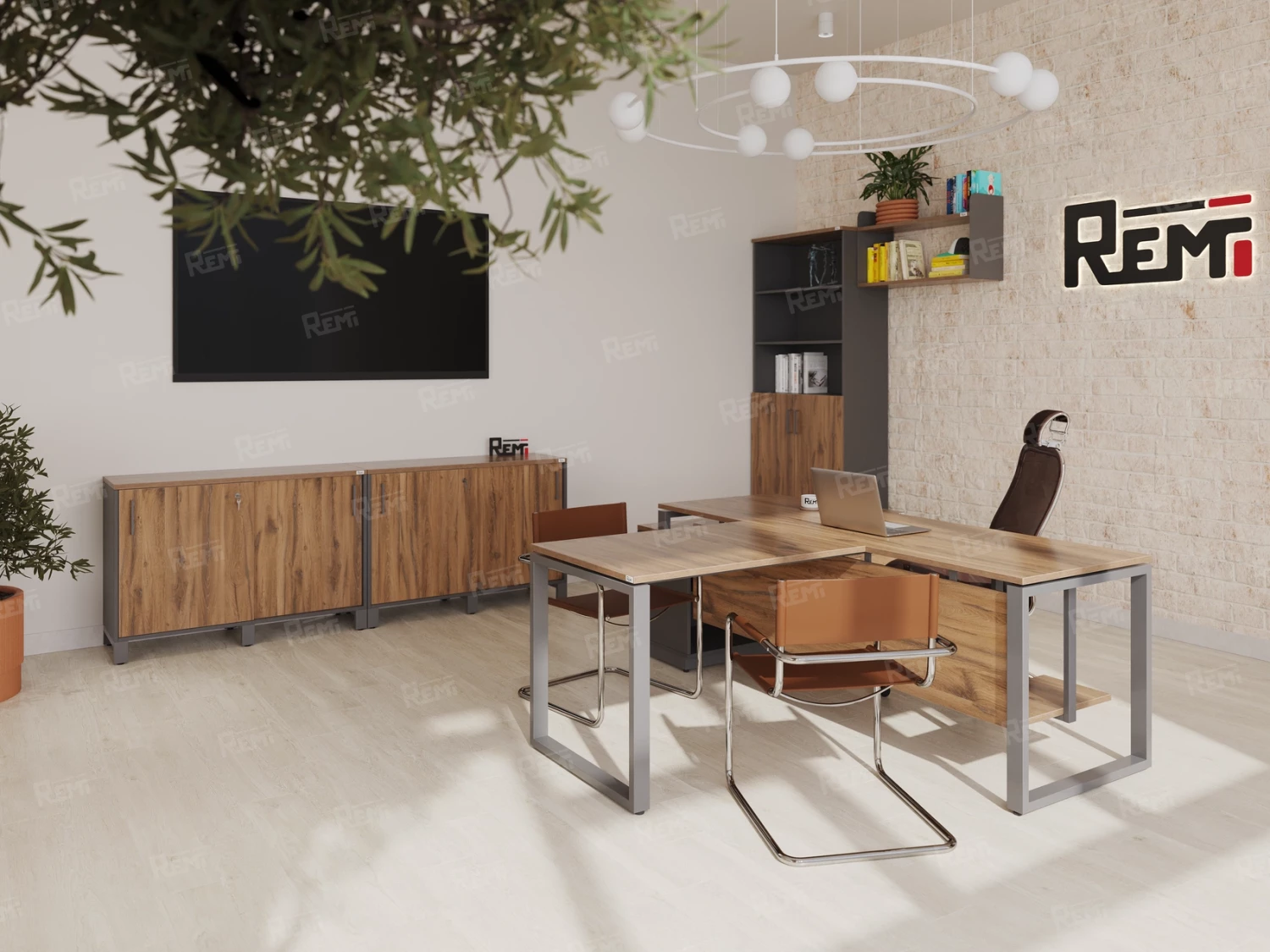 Стол прямой, подвесная тумба, ЛДСП экран, П-опора 1600x800x750 RM030-16x8 Дуб Юстус/Серый