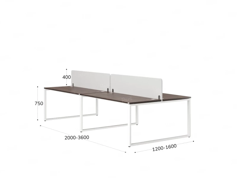 Бенч-система, 4 рабочих места, на О-образных опорах, 2 тканевых экранов 3600x1400x750 RM170-3-18x14 Дуб Апрельский шоколад/Белый