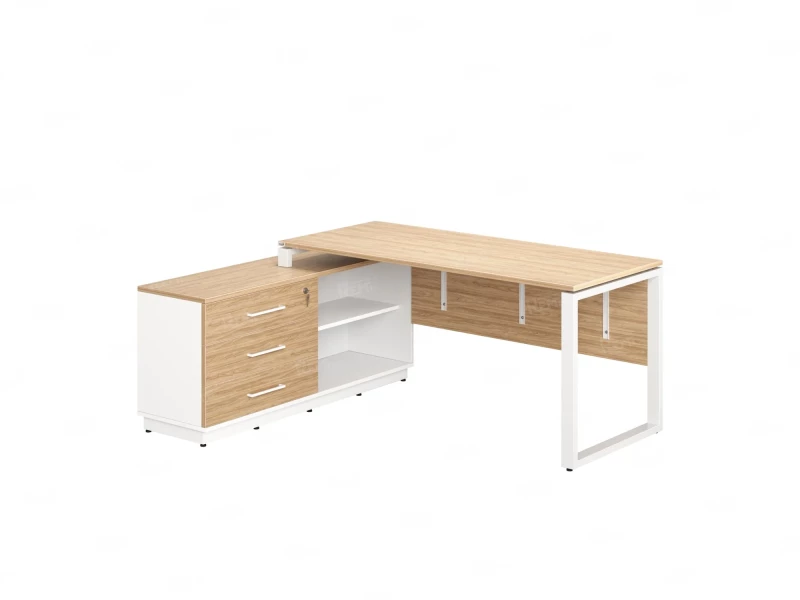 Стол прямой с тумбой L, ЛДСП экран, О-опора 2000x1400x750 RM013L-20x6 Вяз Швейцарский светлый/Белый