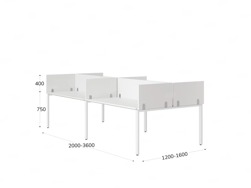 Бенч-система, 4 рабочих места, на П-образных опорах, 8 ЛДСП экранов 3200x1400x750 RM166-2-16x14 Белый/Белый