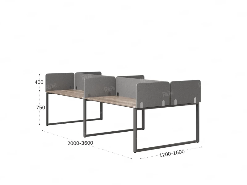 Бенч-система, 4 рабочих места, на О-образных опорах, 8 тканевых экранов 2000x1400x750 RM170-1-10x14 Дуб Маувелла/Серый