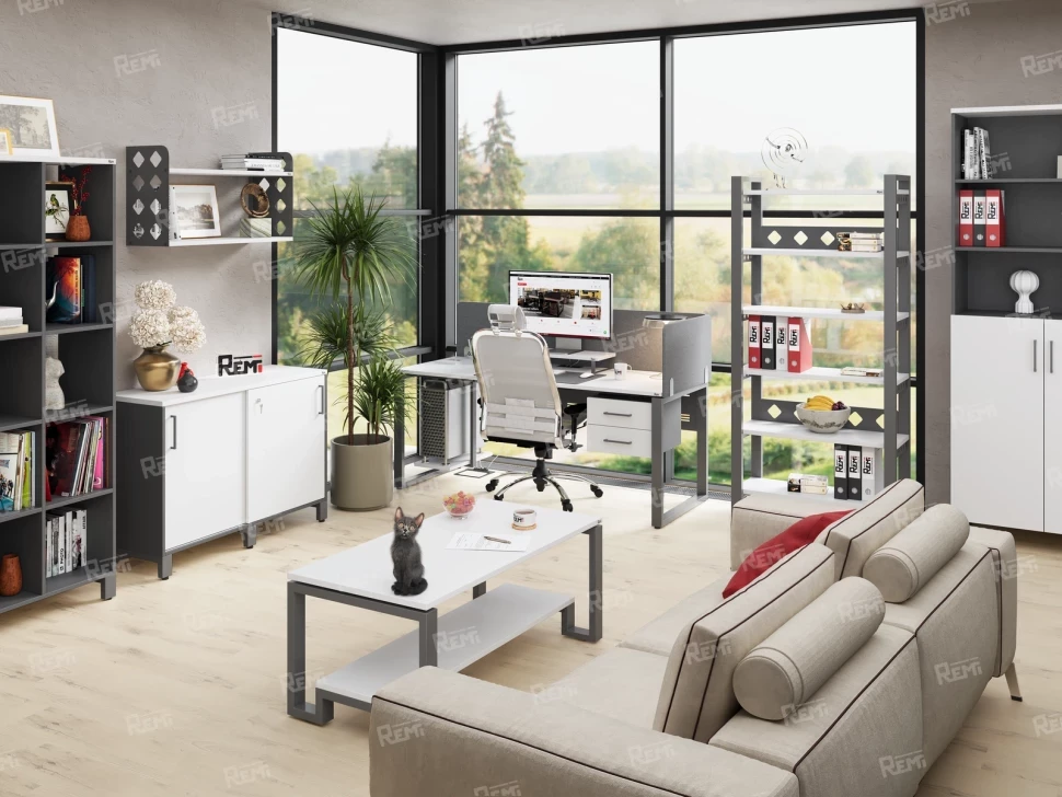 Стол прямой, подвесная тумба, ЛДСП экран, О-опора 1800x600x750 RM033-18x6 Белый/Серый