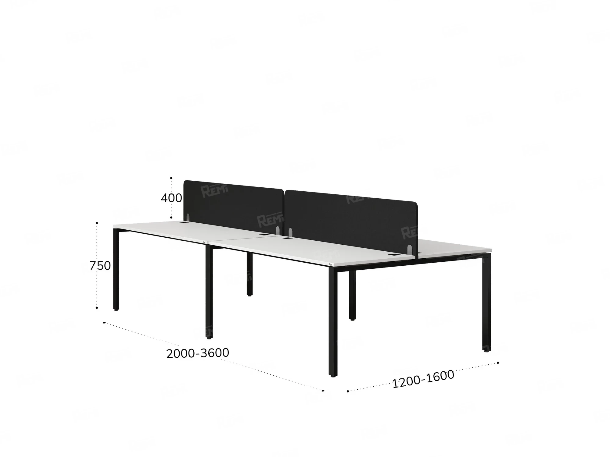 Бенч-система, 4 рабочих места, на П-образных опорах, 2 тканевых экранов 3200x1400x750 RM166-3-16x14 Белый/Черный