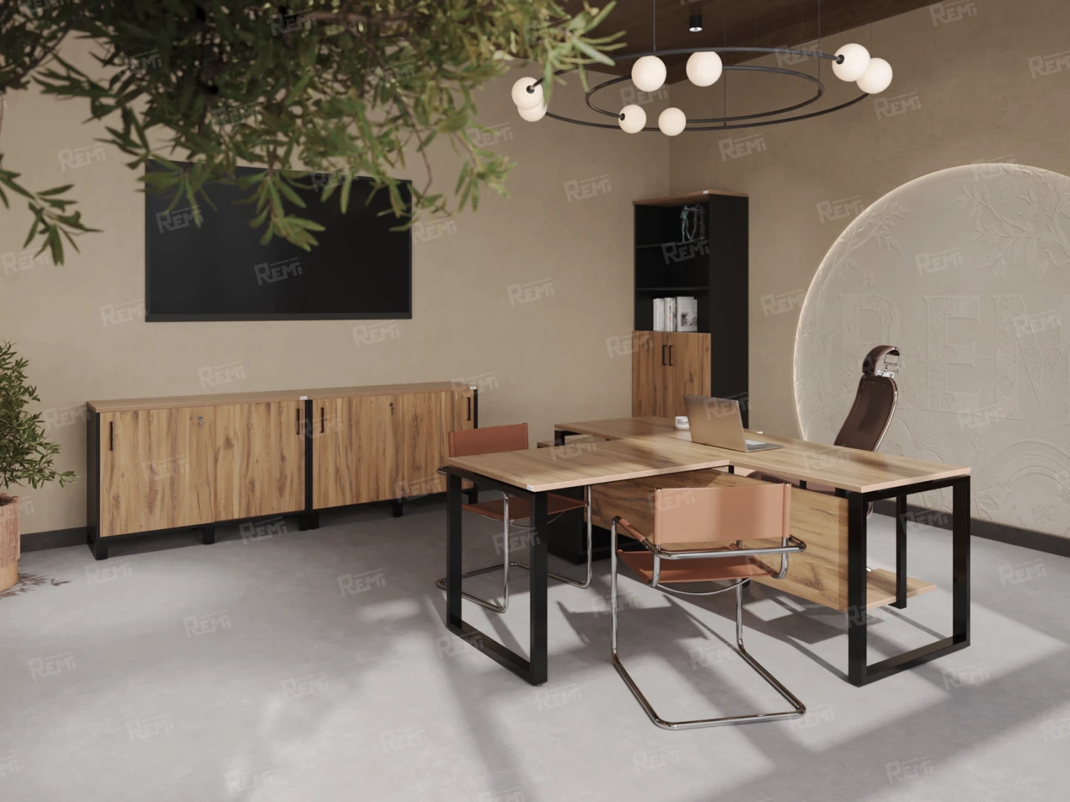 Стол прямой, подвесная тумба, ЛДСП экран, П-опора 1600x800x750 RM030-16x8 Дуб Юстус/Черный