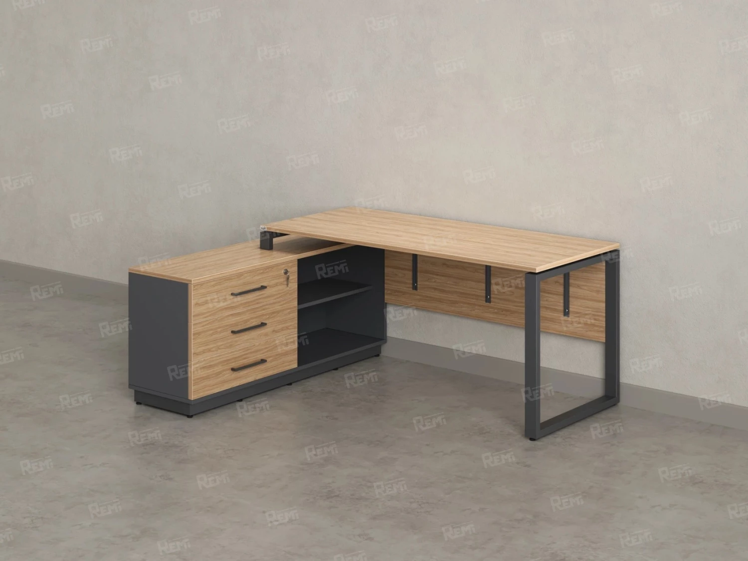 Стол прямой с тумбой L, ЛДСП экран, О-опора 2000x1400x750 RM013L-20x6 Вяз Швейцарский светлый/Серый