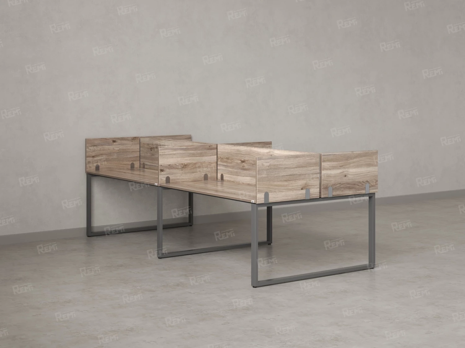 Бенч-система, 4 рабочих места, на О-образных опорах, 8 ЛДСП экранов 2000x1400x750 RM170-1-10x14 Дуб Маувелла/Серый