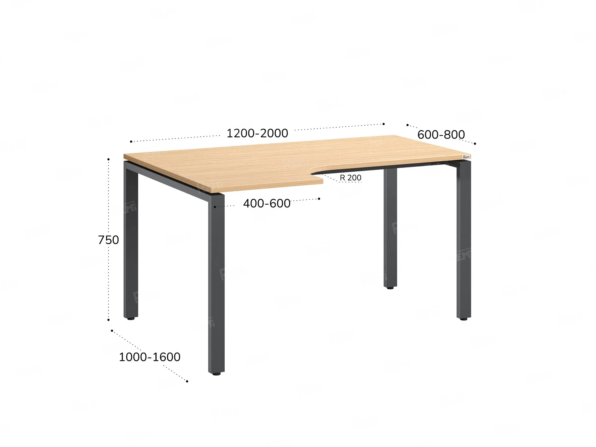 Стол угловой, П-опора, левый 1600x900/1200x750, RM053-16x9-12 Вяз Швейцарский светлый/Серый