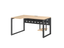 Стол угловой, экран металл, О-опора, левый 1400x900/1200x750, RM056-14x9-12 Вяз Швейцарский светлый/Серый