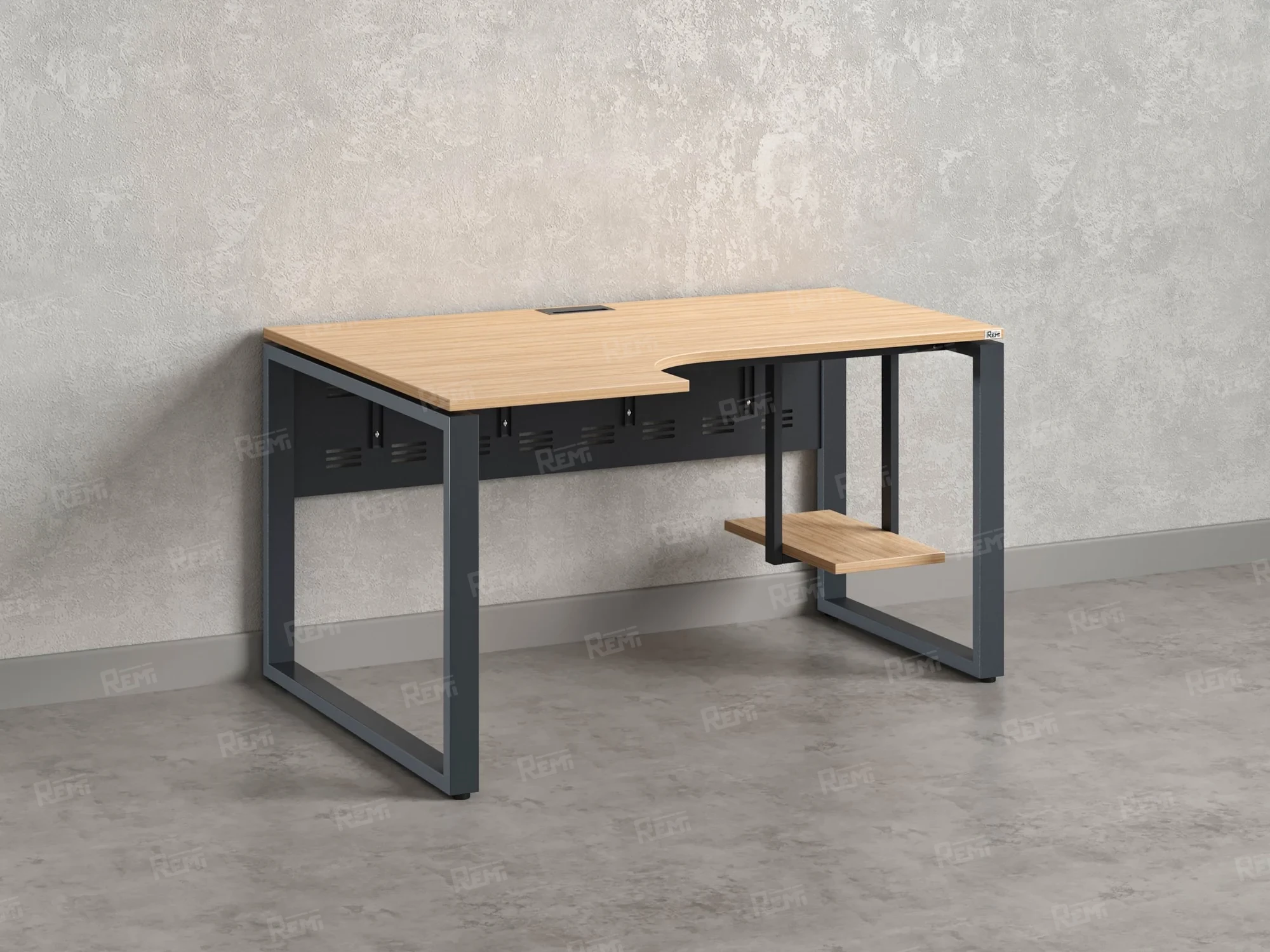 Стол угловой, экран металл, О-опора, левый 1400x900/1200x750, RM056-14x9-12 Вяз Швейцарский светлый/Серый