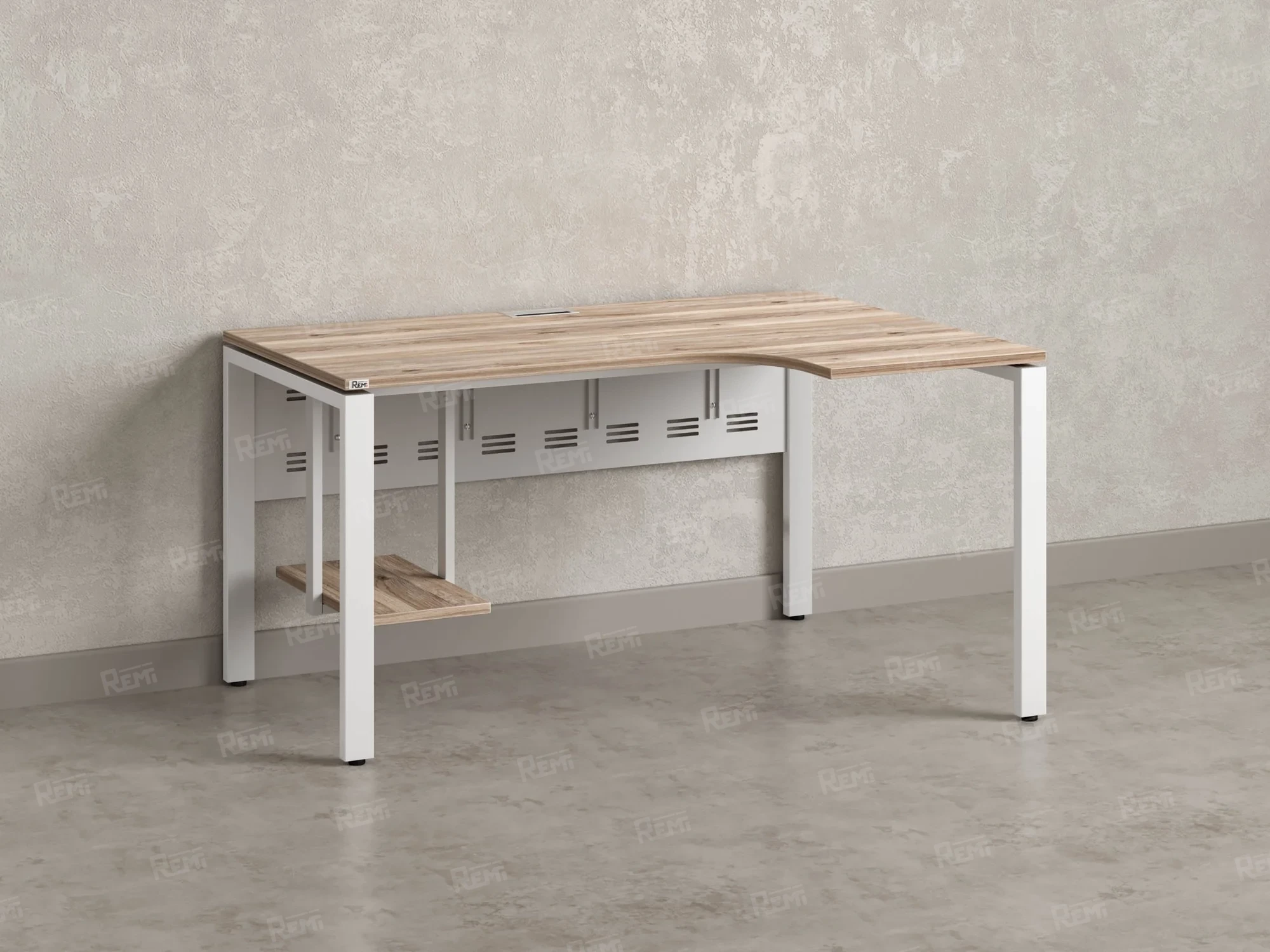 Стол угловой, экран металл, П-опора, правый 1400x600/900x750, RM058-14x6-9 Дуб Маувелла/Белый