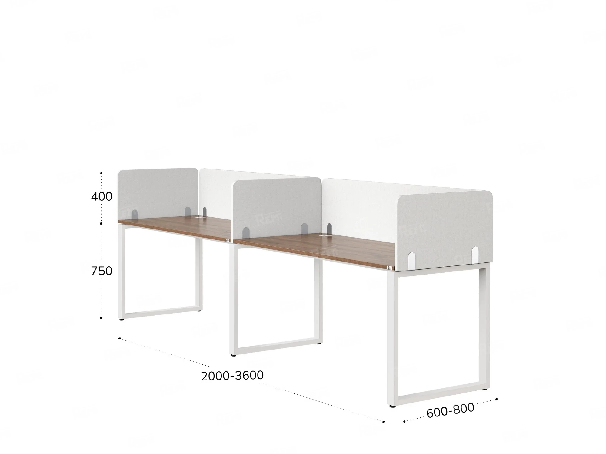 Бенч-система в 1 ряд, 2 рабочих места 5 тканевых экранов 2700x600x750 RM168-1-27x6 Дуб Юстус/Белый