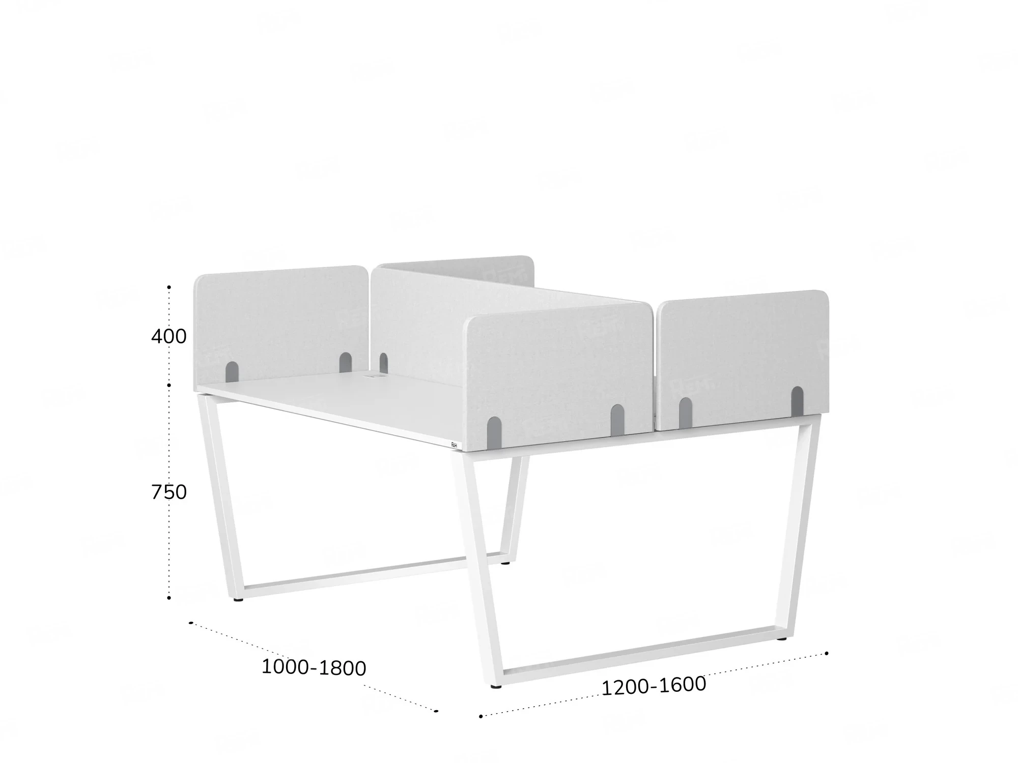 Бенч-система, 2 рабочих места, 5 тканевых экранов 1200x1200x750 RM172-3-12x12 Белый/Белый