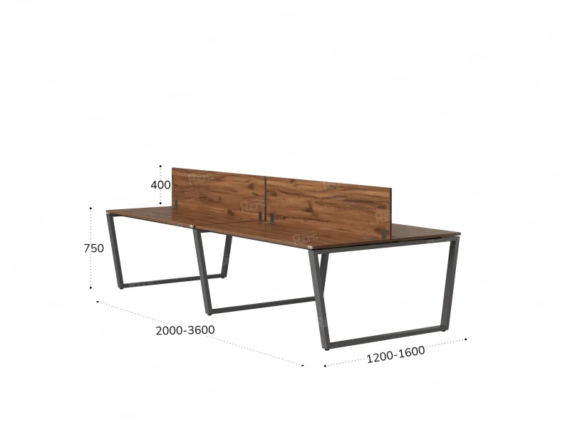 Бенч-система, 4 рабочих места, на U-образных опорах, 2 ЛДСП экранов 2000x1400x750 RM173-4-10x14 Дуб Юстус/Серый