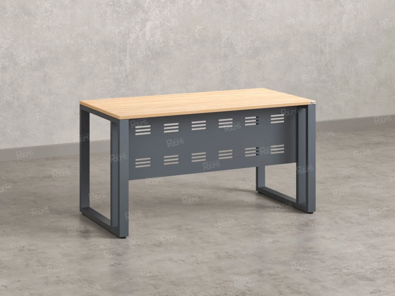 Стол прямой на О-образных опорах с металлическим экраном 1600x900x750 RM042-16x9 Вяз Швейцарский светлый/Серый