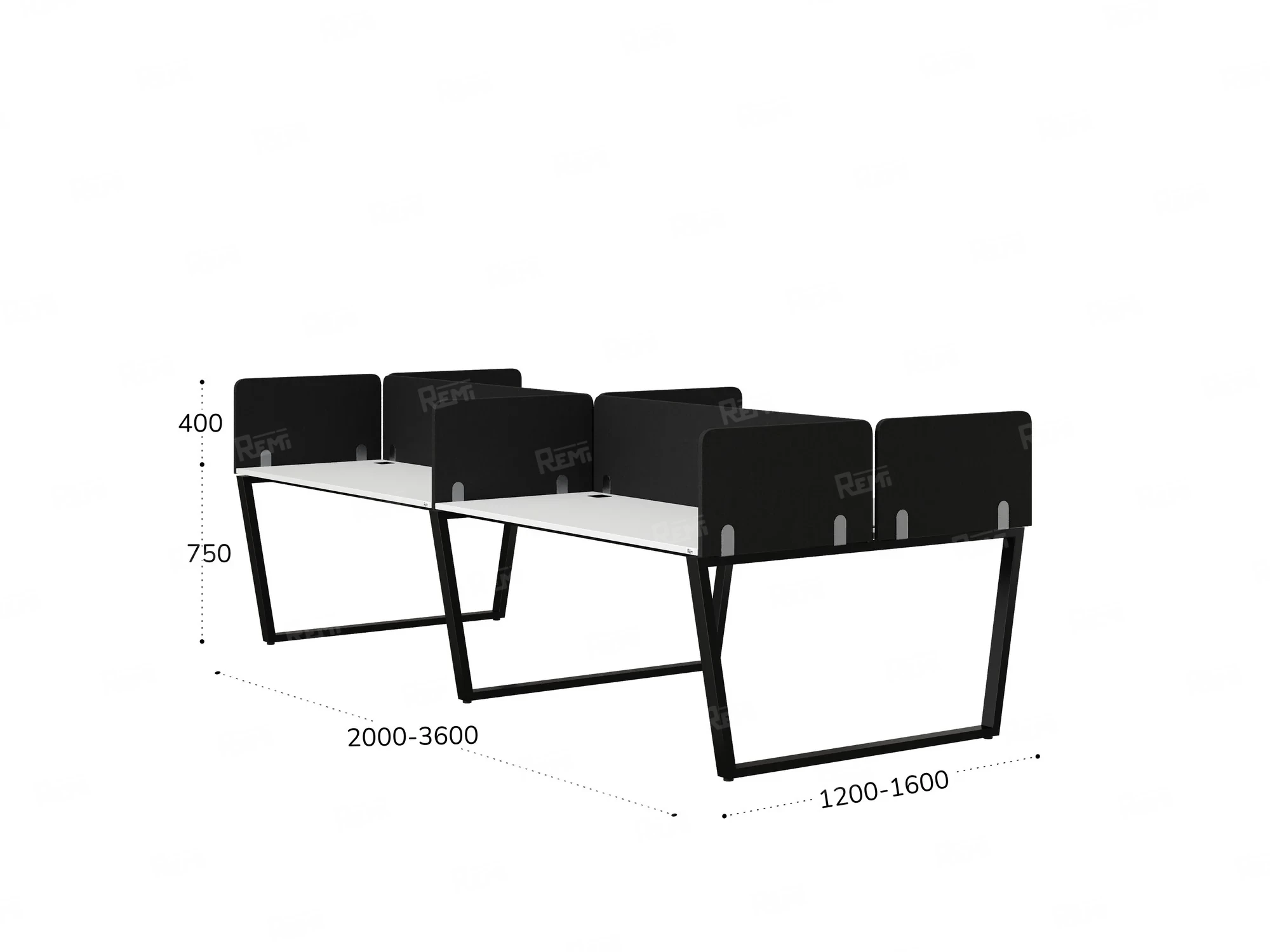 Бенч-система, 4 рабочих места, на U-образных опорах, 8 тканевых экранов 2000x1200x750 RM173-1-10x12 Белый/Черный