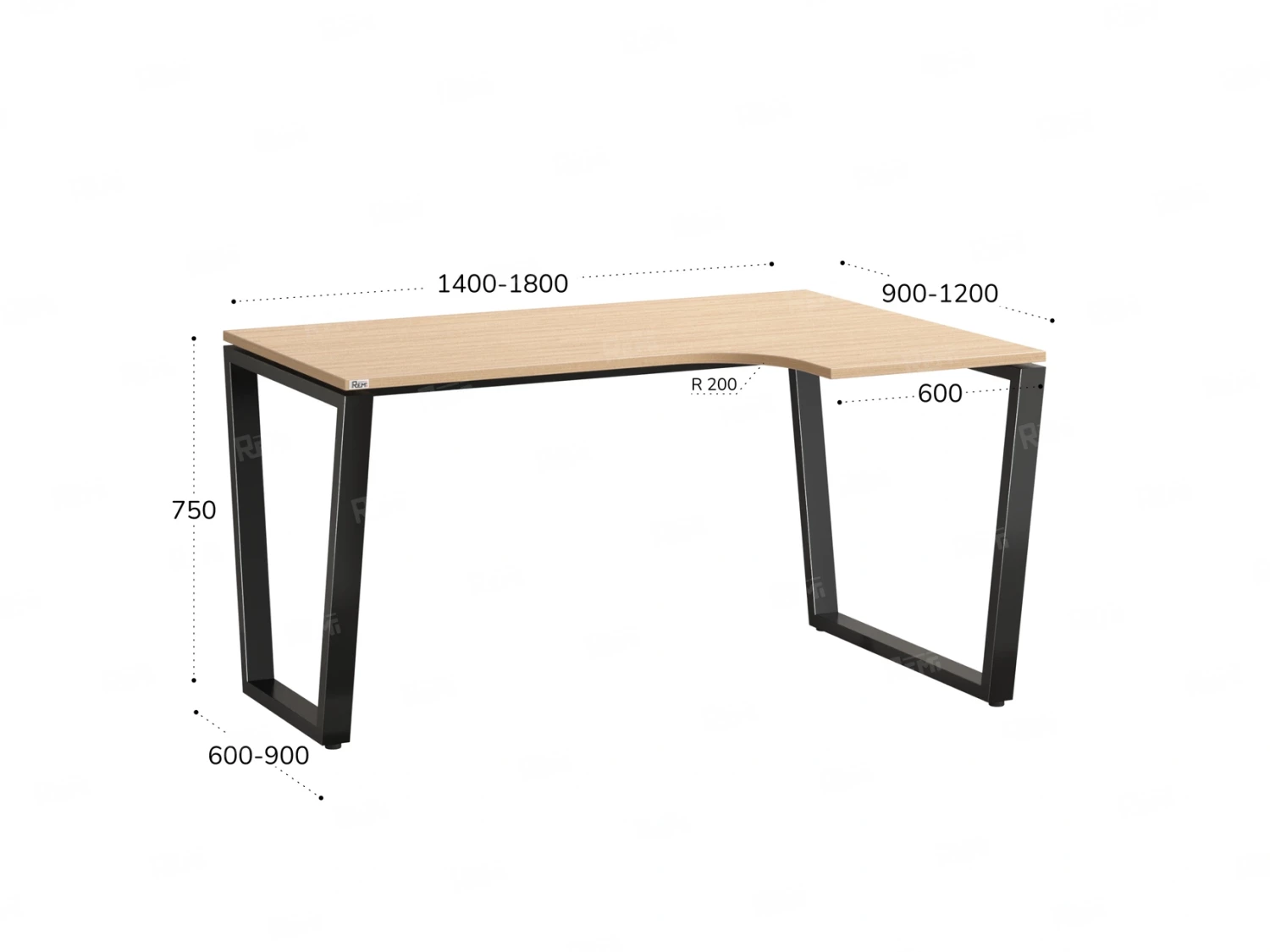 Стол угловой, U-опора, правый 1400x900/1200x750, RM050-14x9-12 Вяз Швейцарский светлый/Черный