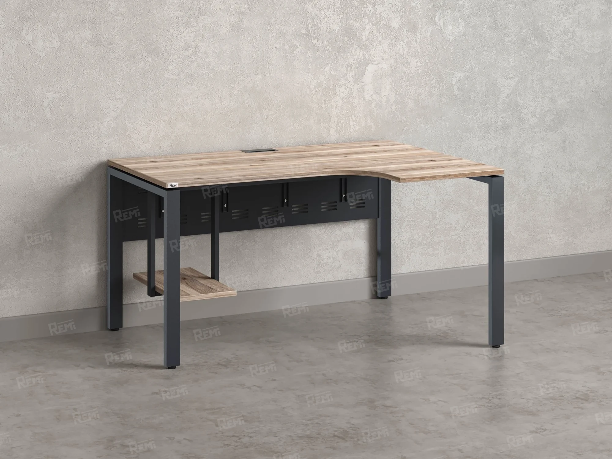 Стол угловой, экран металл, П-опора, правый 1400x600/900x750, RM058-14x6-9 Дуб Маувелла/Серый