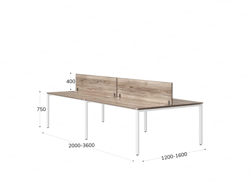 Бенч-система, 4 рабочих места, на П-образных опорах, 2 ЛДСП экранов 2800x1600x750 RM166-4-14x16 Дуб Маувелла/Белый