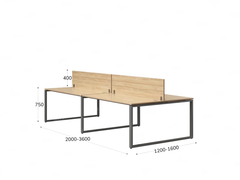 Бенч-система, 4 рабочих места, на О-образных опорах, 2 ЛДСП экранов 2400x1600x750 RM170-4-12x16 Вяз Швейцарский светлый/Серый