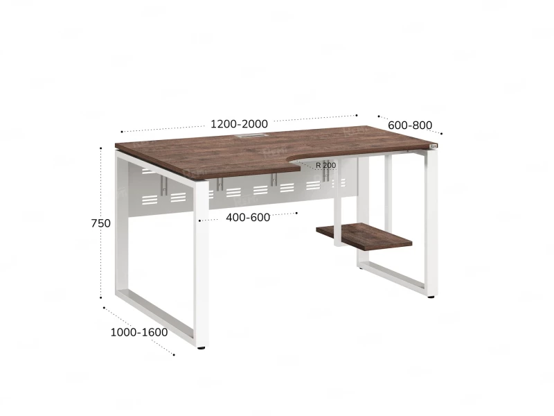 Стол угловой, экран металл, О-опора, левый 1400x900/1200x750, RM056-14x9-12 Дуб Апрельский шоколад/Белый