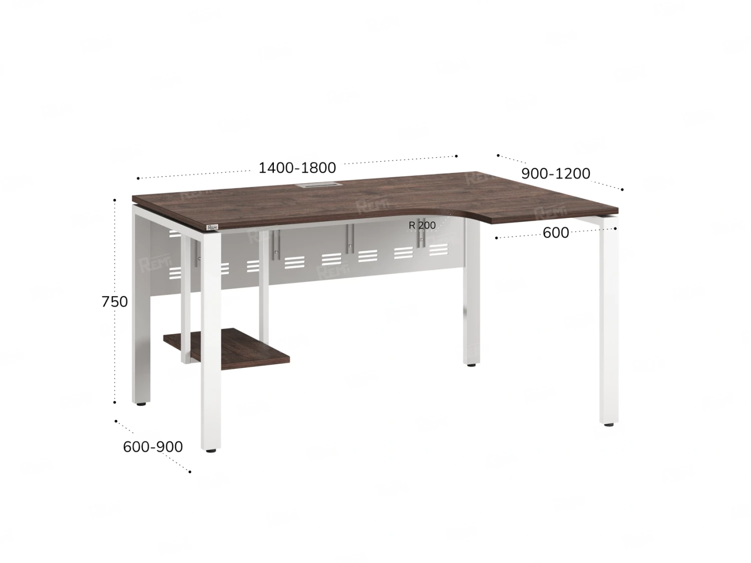 Стол угловой, экран металл, П-опора, правый 1600x900/1200x750, RM058-16x9-12 Дуб Апрельский шоколад/Белый