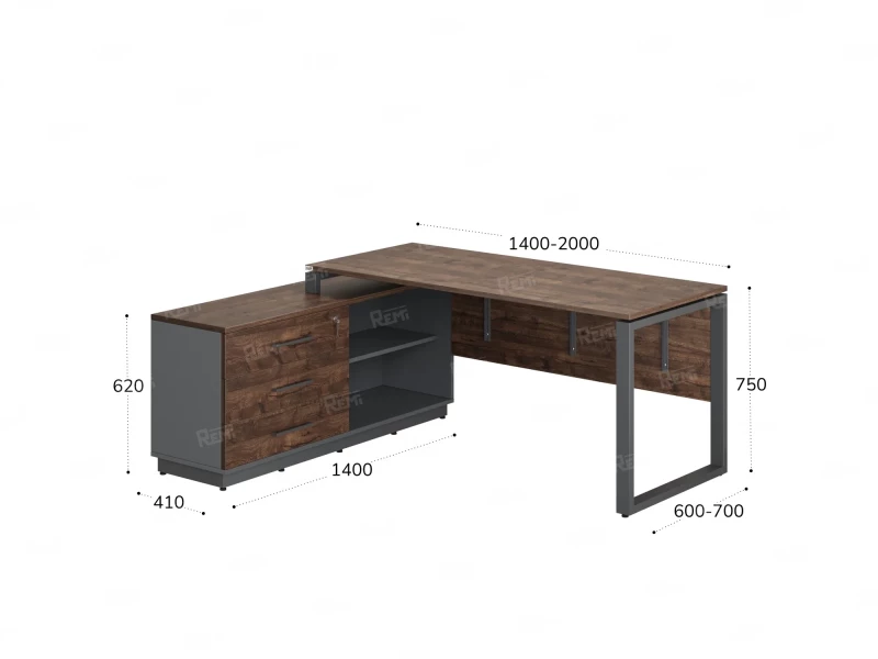 Стол прямой с тумбой L, ЛДСП экран, О-опора 2000x1400x750 RM013L-20x6 Дуб Апрельский шоколад/Серый