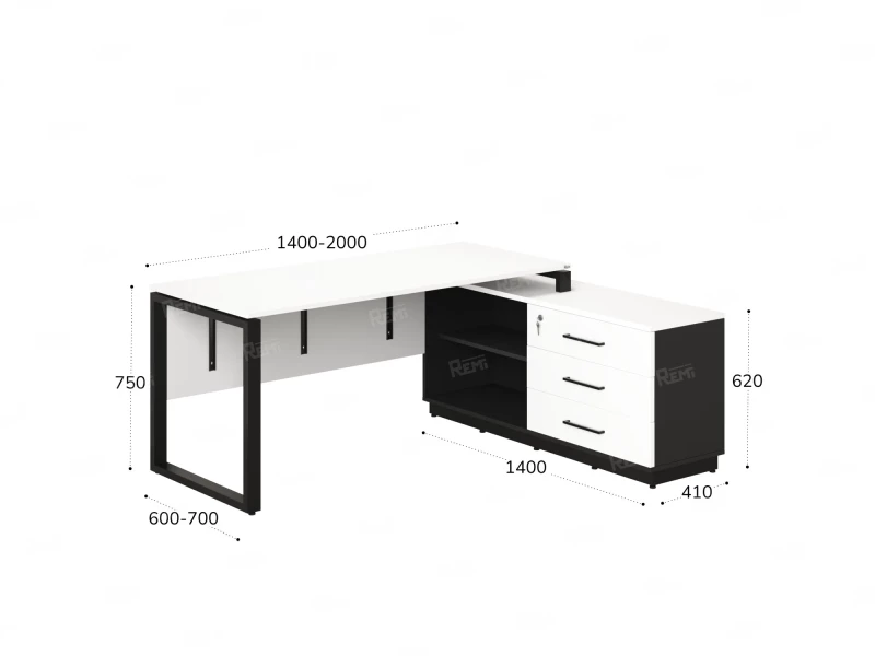 Стол прямой с тумбой R, ЛДСП экран, О-опора 1800x1400x750 RM012R-18x7 Белый/Черный
