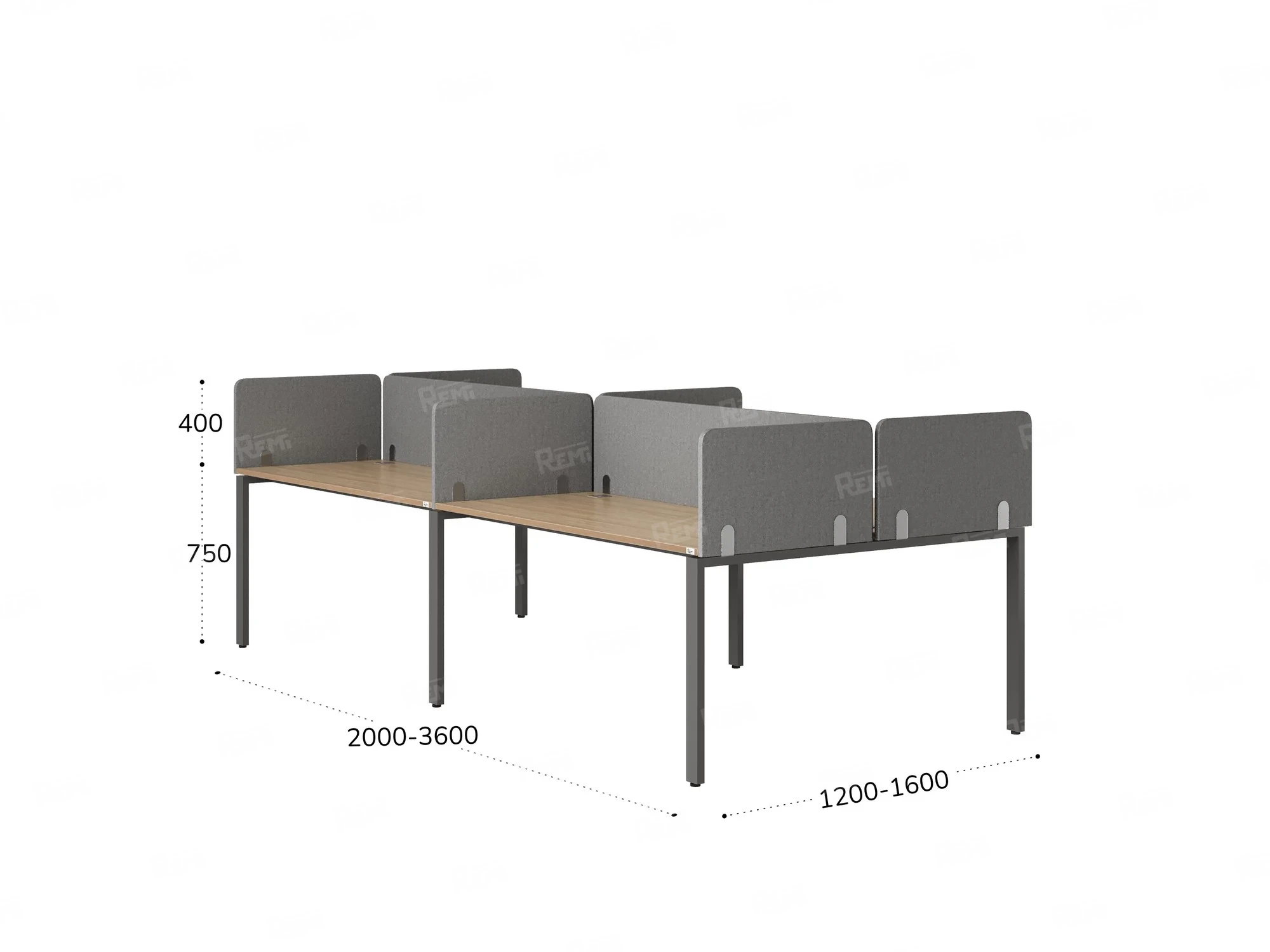 Бенч-система, 4 рабочих места, на П-образных опорах, 8 тканевых экранов 2400x1600x750 RM166-1-12x16 Вяз Швейцарский светлый/Серый