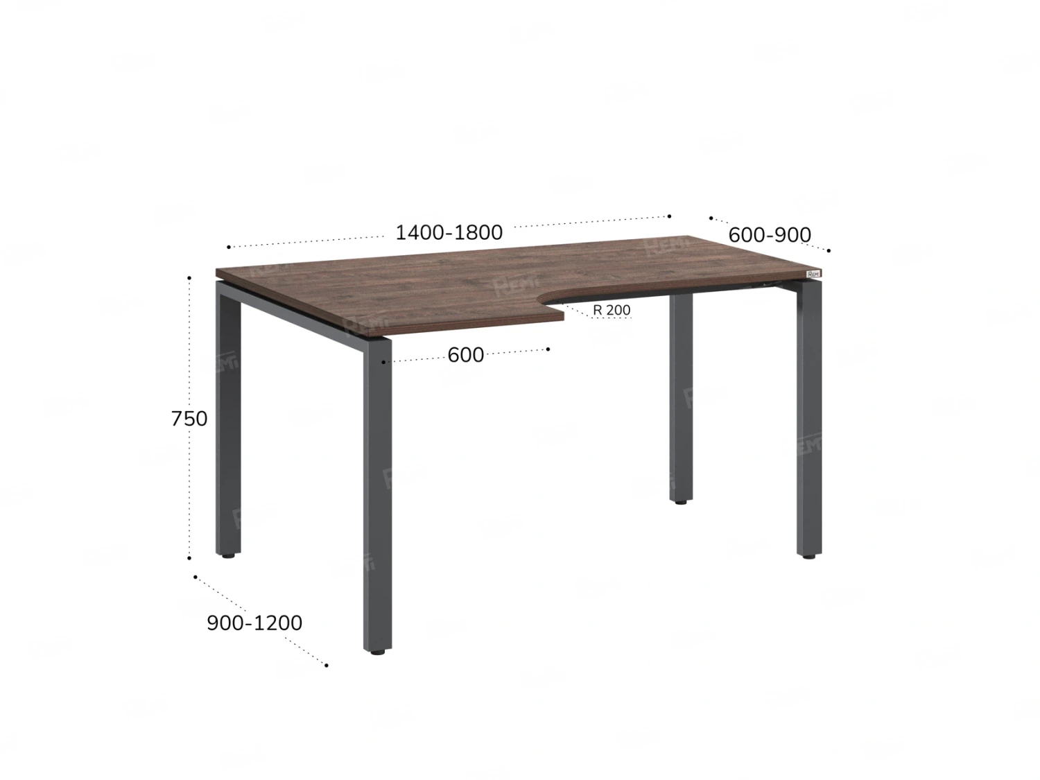 Стол угловой, П-опора, левый 1600x900/1200x750, RM053-16x9-12 Дуб Апрельский шоколад/Серый