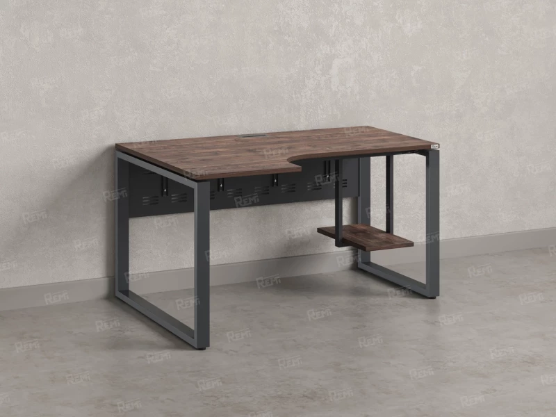 Стол угловой, экран металл, О-опора, левый 1400x900/1200x750, RM056-14x9-12 Дуб Апрельский шоколад/Серый